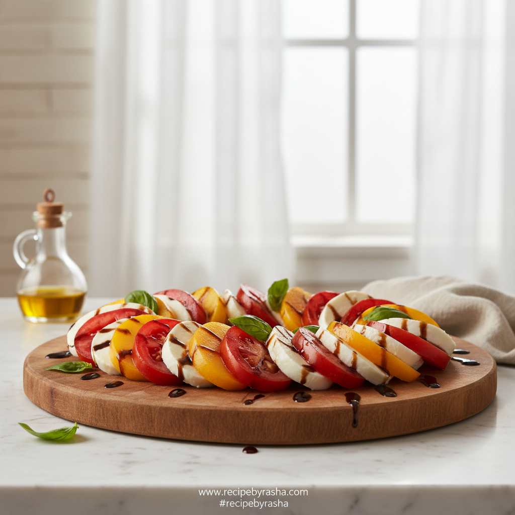 Peach Tomato Caprese Salad served on a plate